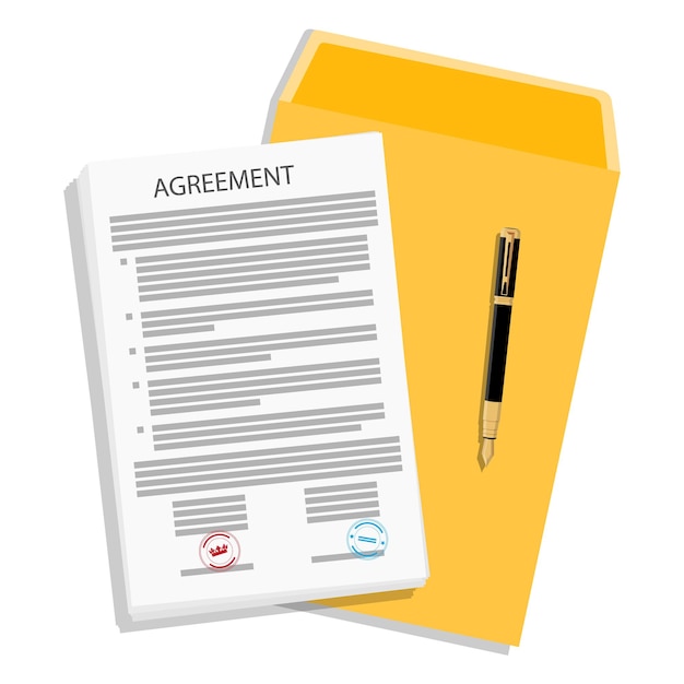 Vector contract agreement folder and pen partnership signing document concept vector illustration