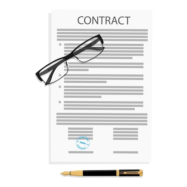 Vector contract agreement glasses folder and pen partnership signing document concept