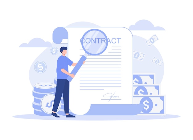 Contract conclusion view contract details with magnifying glass cooperation Modern flat illustration