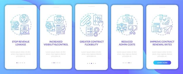 Contract management automation benefits onboarding mobile app page screens set