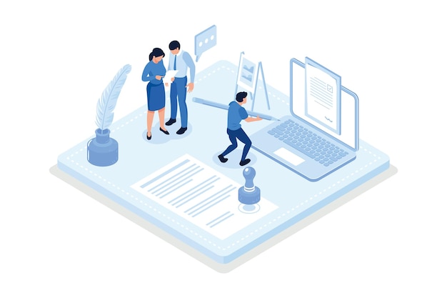 Vector contracts, people reading and signing contract terms and conditions, isometric vector illustration