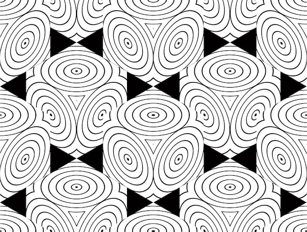 Contrast black and white symmetric seamless pattern with interweave circle figures. Continuous geometric composition, for use in graphic design.