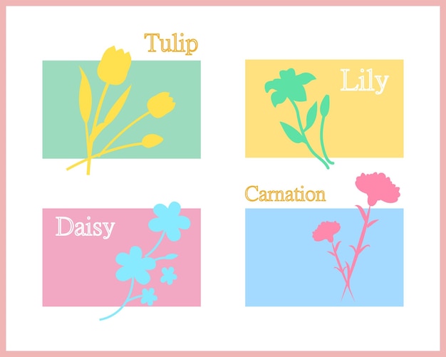 Contrasting color flower silhouettes carnations tulip daisies lilies card background decoration