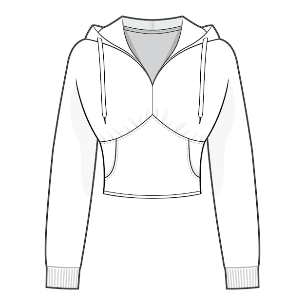 Vector contrasting trim cropped hoodie with kangaroo pocket fashion flat technical drawing template