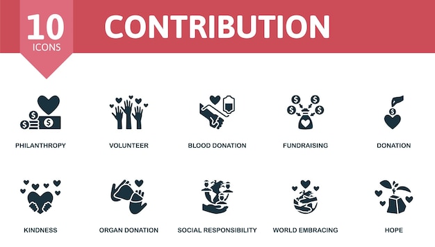 Contribution set creative icons philanthropy volunteer blood