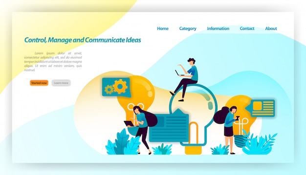 Vector control, manage and communicate ideas. people are brainstorming to find ideas with your light bulb and comments. landing page web template