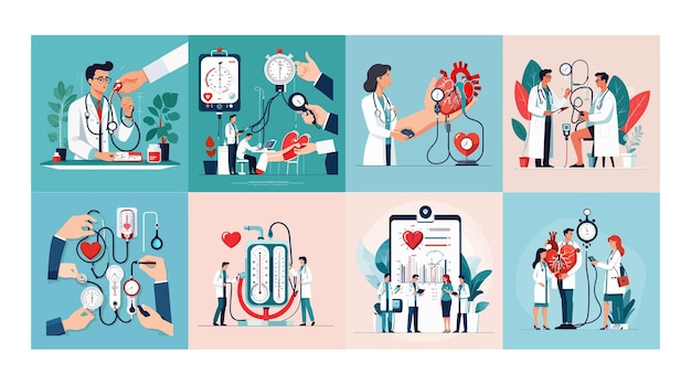 Control of tiny doctors high blood pressure on medical checkup People with tonometer checking patients risk of hypertension flat vector illustration Cardiology cardiovascular disease concept