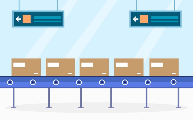 Conveyor belt with boxes on factory. Package boxes on industrial conveyor line design.