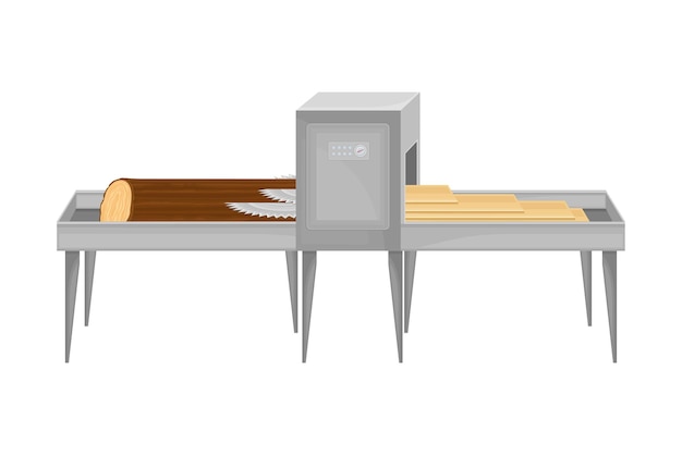 Conveyor Belt with Log Sawing Process for Wooden Furniture Production Vector Illustration