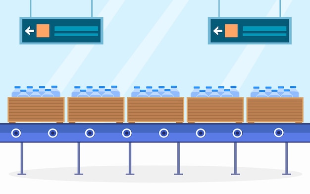 Conveyor belt with water bottle boxes on factory. Package boxes on industrial conveyor line design.