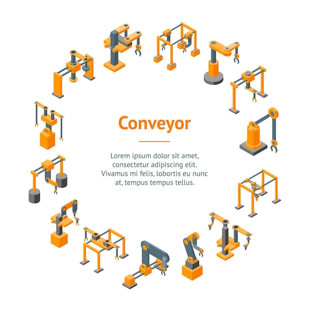 Conveyor Machines Robotic Hand Banner Card Circle Industry Technology Concept for Web Design Vector illustration of Robot Arm