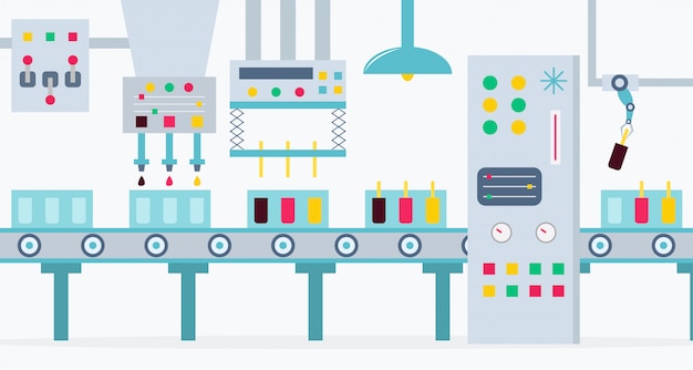 The conveyor for the production of ice creams with chocolate, strawberry and lemon. The factory of ice creams.