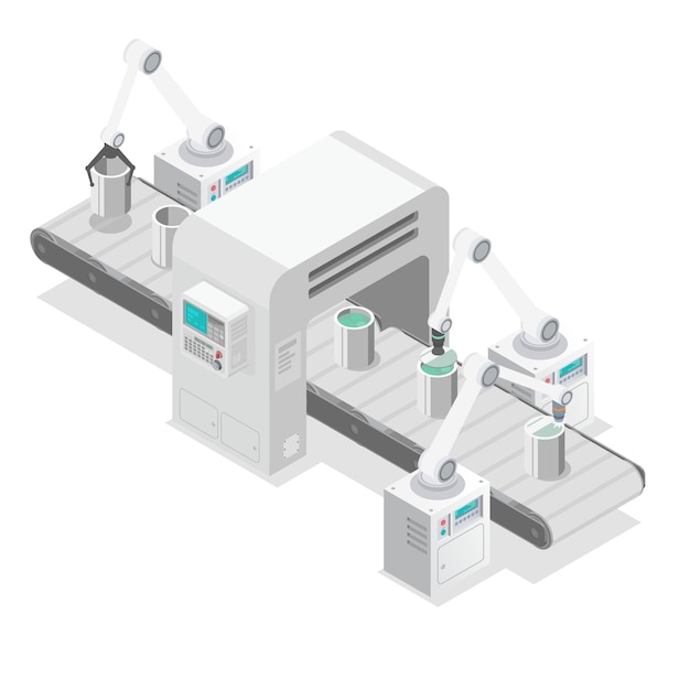 Conveyor robot arm production line isometric