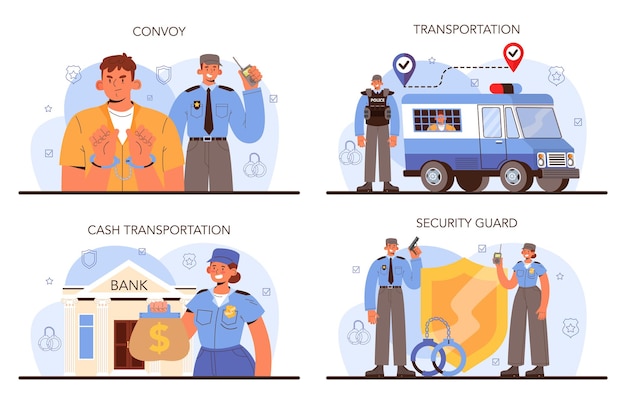 Convoy concept. Transportation of a criminal in an armored truck. Money collecting and protection. Escort of professional security guards in a bulletproof uniform. Vector isolated illustration.