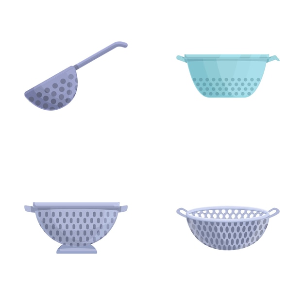 Vector cook colander icons set cartoon vector colander of various shape and color