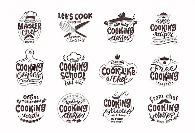 Cook, cooking stamps. Set of vintage retro badges, labels and logo