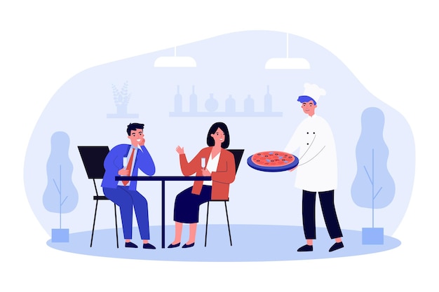 Cook delivering pizza to happy couple clients. Smiling man and woman having dinner together in Italian restaurant. Chef serving customers. Fast food, eating out. Flat vector cartoon illustration.