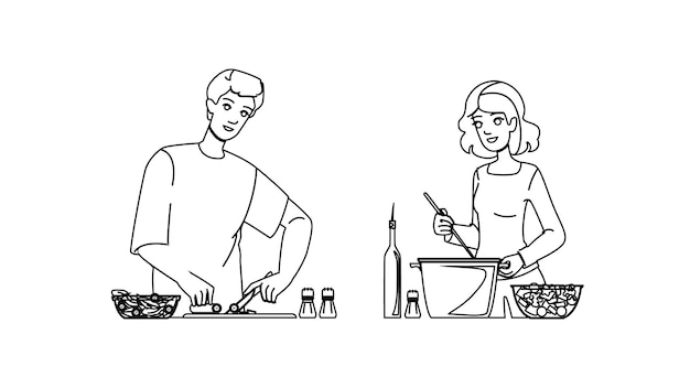 cook vegeterian cooking vector home healthy meal man woman vegan cook vegeterian cooking character people black line illustration