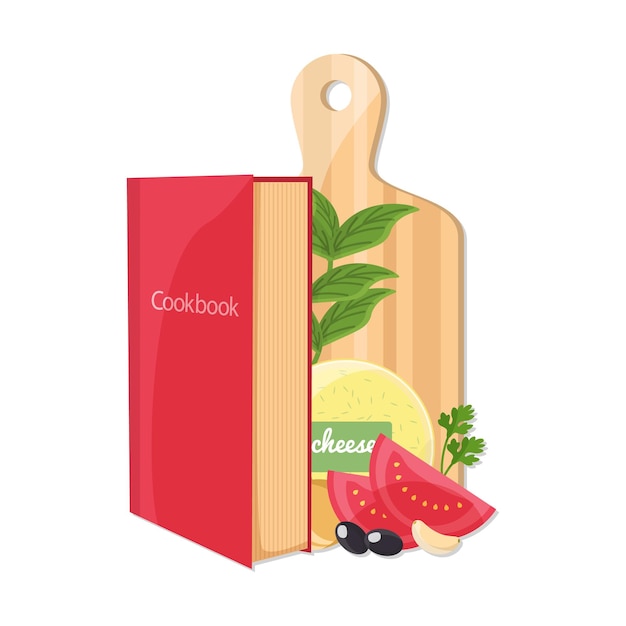 Vector cookbook with wooden cutting board and food recipe book best recipes home cook concept