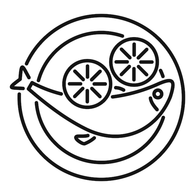 Cooked fish lying on plate with lemon slices minimalist line art icon