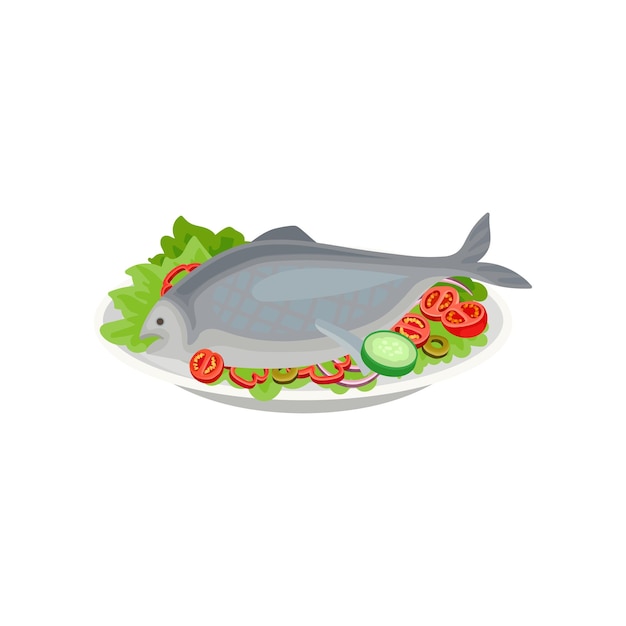 Cooked fish with raw vegetables Healthy nutrition Delicious dish for dinner Seafood theme Flat vector for menu or recipe book