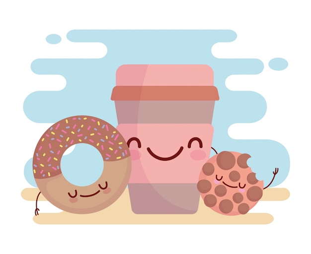 Cookie donut and coffee cup menu character cartoon food cute