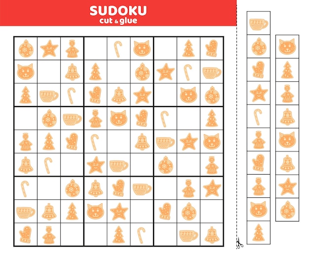 Cookie. Sudoku for kids with nine Christmas gingerbreads. Sudoku for children. Cut and glue