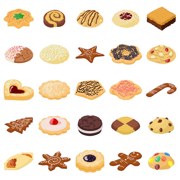 Cookies biscuit icons set. Isometric illustration of 25 cookies biscuit vector icons for web