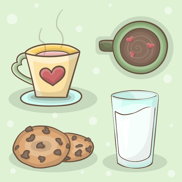 Cookies glass of milk cup of tea and cup of hot chocolate