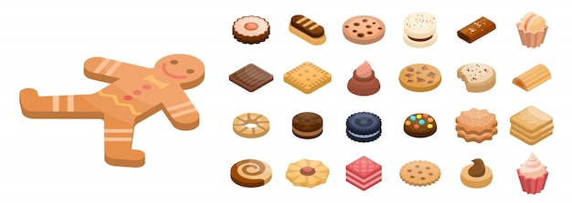 Cookies icon set, isometric style