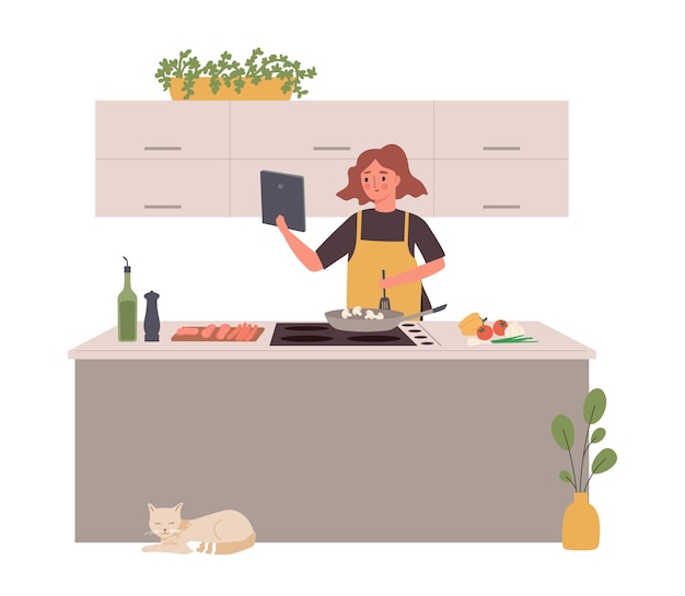 Cooking blogger Cartoon person prepare food and streaming trendy culinary vlogger making content and teaching