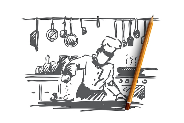 Cooking, chef, food, meal concept. Hand drawn chef preparing dish in restaurant concept sketch. 