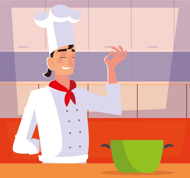 Cooking chef man with pot in kitchen restaurant illustration design