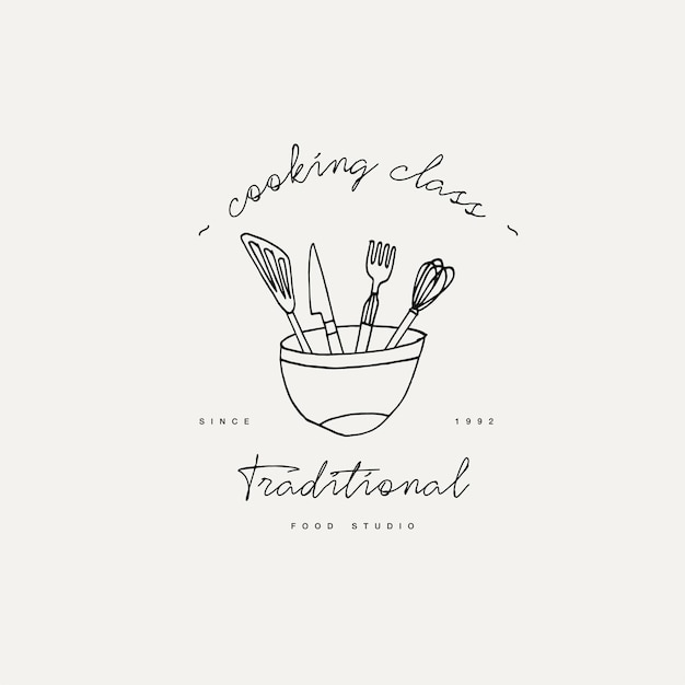 Cooking class linear design element, kitchen emblem, symbol, icon or food studio label. Cooking courses sign template or logo, identity, culinary school.