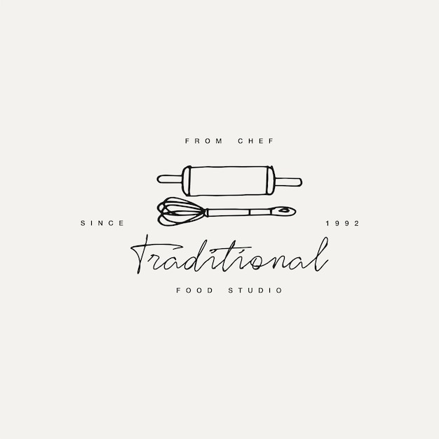 Cooking class linear design element, kitchen emblem, symbol, icon or food studio label. Cooking courses sign template or logo, identity, culinary school.