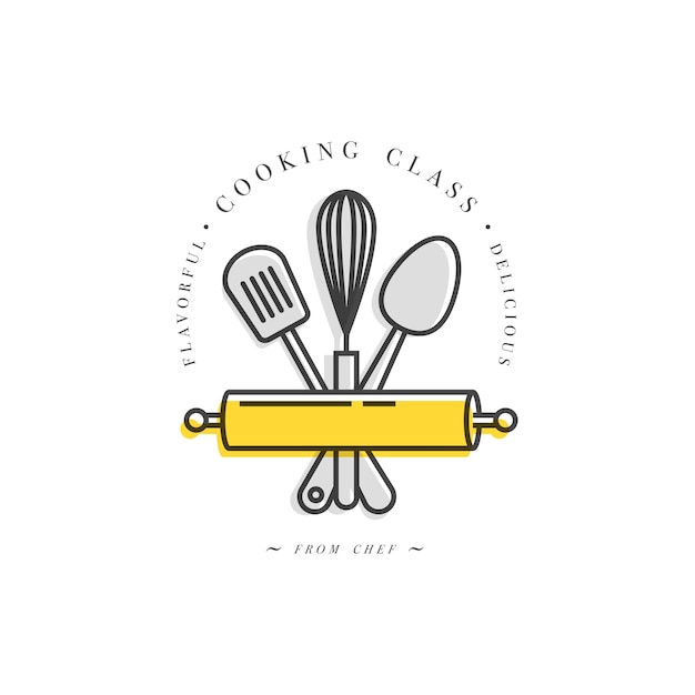 Cooking class linear design elements kitchen emblems symbols icons or food studio labels and badges collection