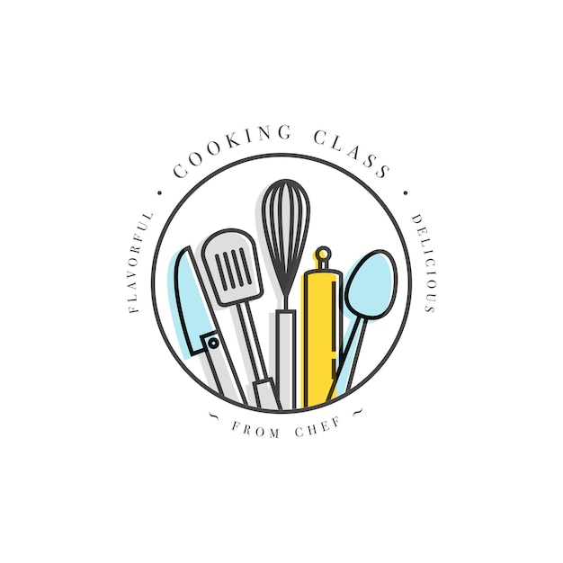 Cooking class linear design elements kitchen emblems symbols icons or food studio labels and badges collection