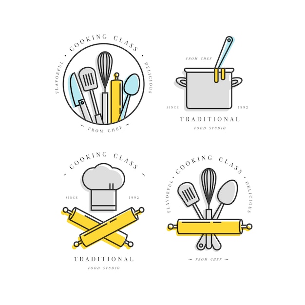 Cooking class linear design elements, set of kitchen emblems, symbols, icons or food studio labels