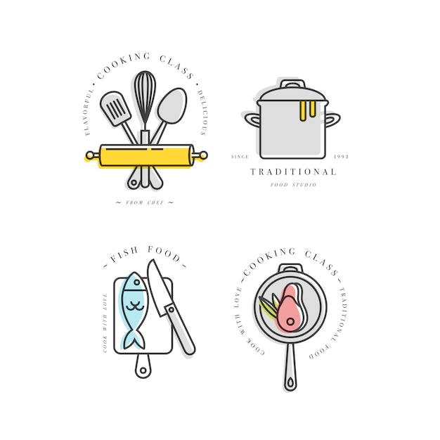 Cooking class linear design elements, set of kitchen emblems, symbols, icons or food studio labels