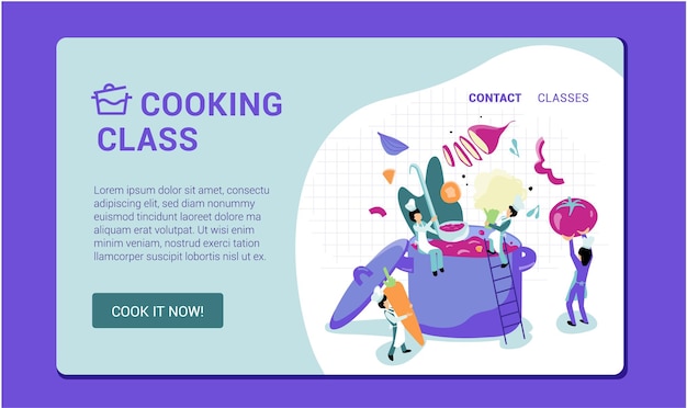 Vector cooking class website landing page template receipt people cooking together teamwork tiny