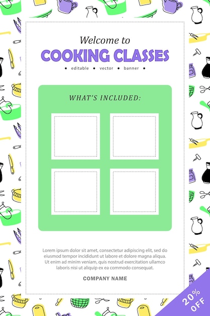 Cooking classes banner, poster with blank space for info about what's included in culinary courses