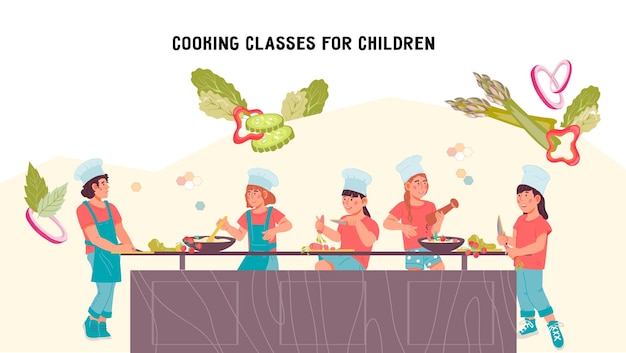 Cooking courses for children website layout with kids cook food flat vector