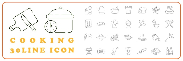 Cooking Foods and Kitchen outline icons set Restaurant cook barbecue and picnic for eat meal