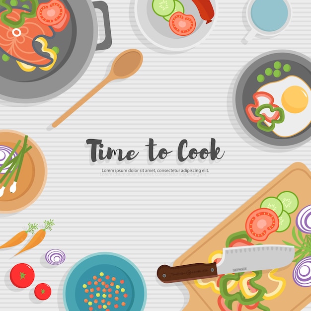 Cooking healthy food on kitchen. Useful meal on wooden table. Healthy eating, vegetables. Top view illustration of the kitchen utensil, chopping board with knife, dishes, plates and different foods.