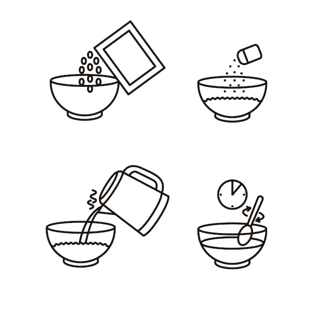 Cooking Instruction Oatmeal Black Thin Line Icon Set Vector