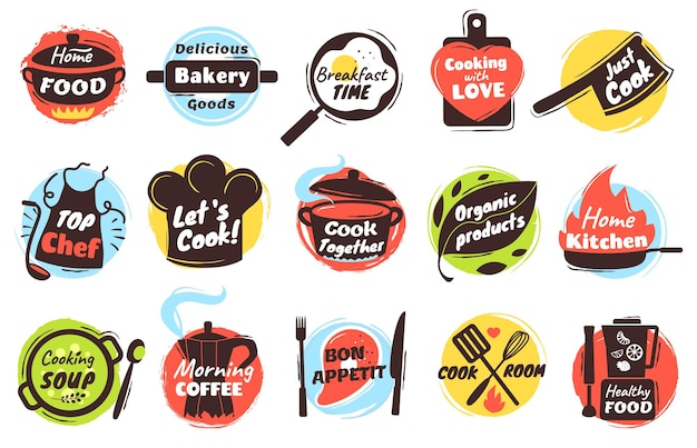 Cooking lettering logo kitchen utensils labels with culinary doodles badges for street food festival