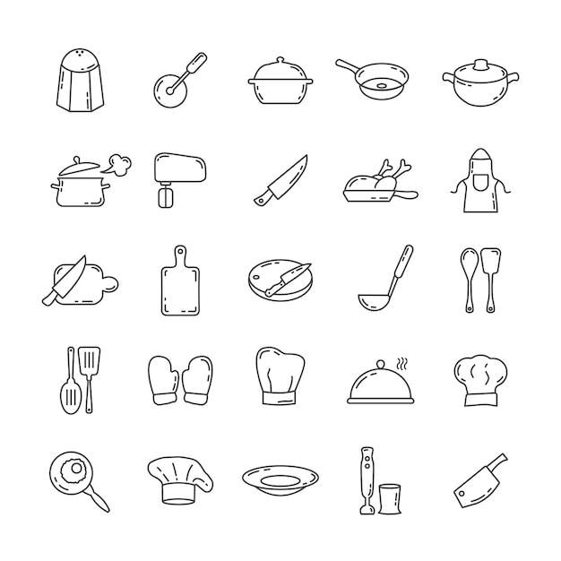 Cooking line icon set with kitchen equipment line icons