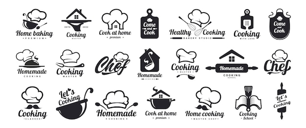 Cooking logos set Healthy Food logo Kitchen phrases Home cook chef mustache kitchen utensils