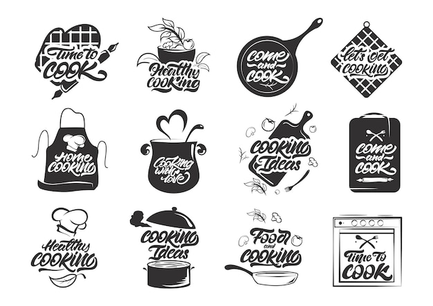 Cooking logos set with Handwritten lettering