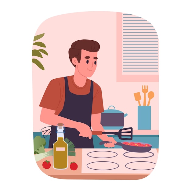 Vector cooking man male characters cooking tasty dishes at home character preparing food at home flat vector illustration homemade meal preparation